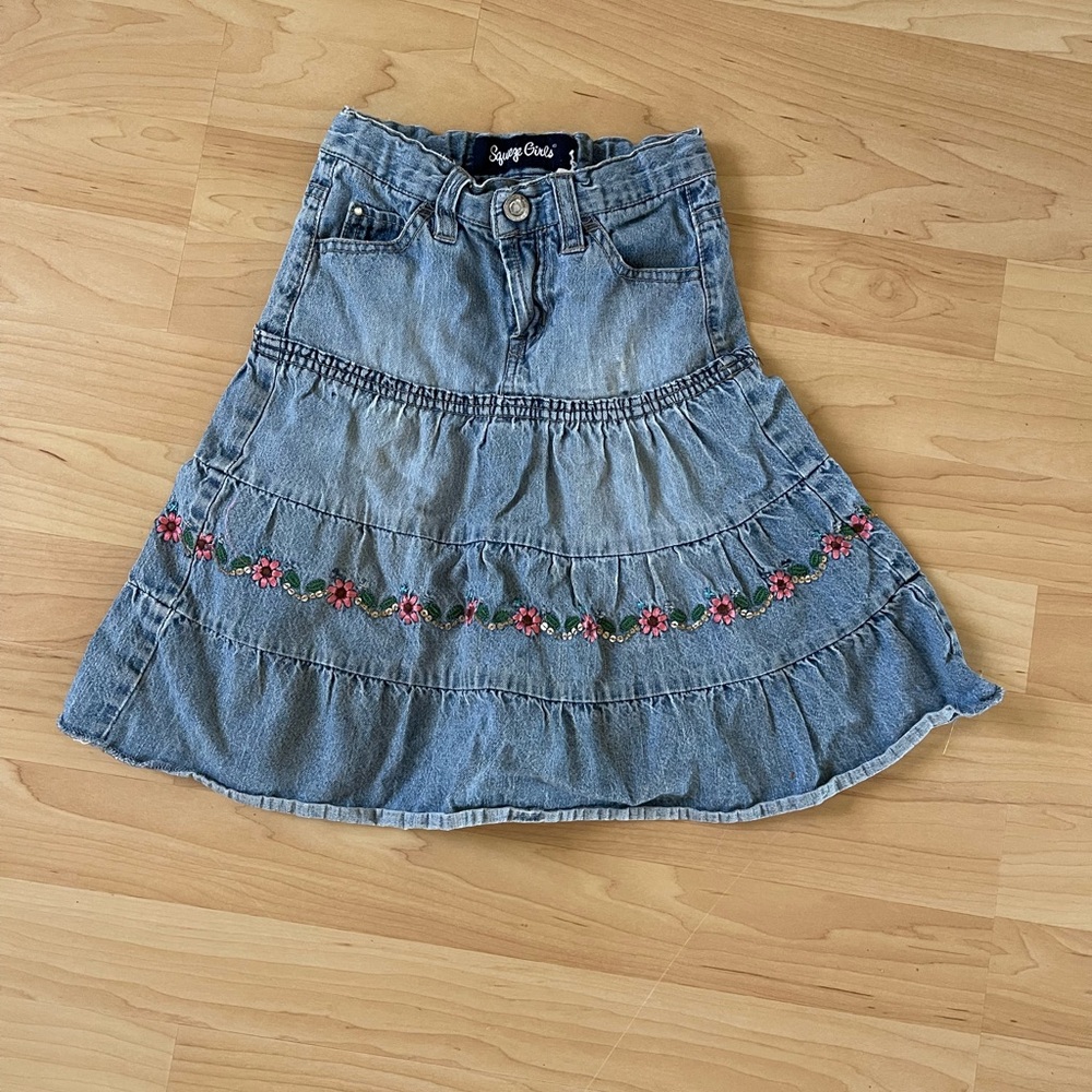 Squeeze Light Blue Denim Skirt with Pink Floral Embroidery
